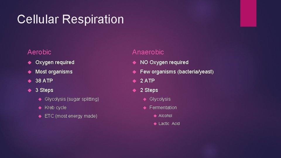 Cellular Respiration Aerobic Anaerobic Oxygen required NO Oxygen required Most organisms Few organisms (bacteria/yeast)