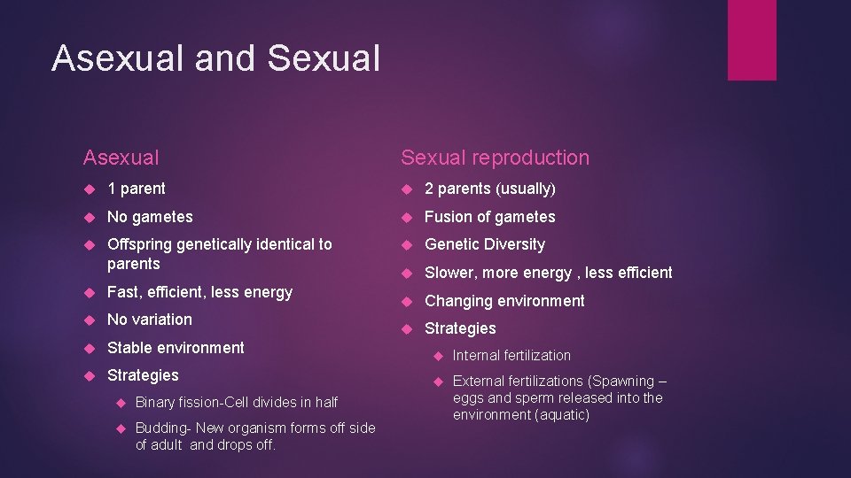 Asexual and Sexual Asexual Sexual reproduction 1 parent 2 parents (usually) No gametes Fusion