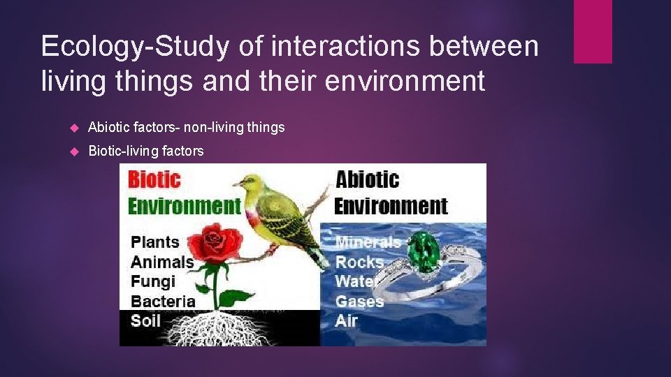 Ecology-Study of interactions between living things and their environment Abiotic factors- non-living things Biotic-living