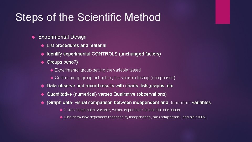 Steps of the Scientific Method Experimental Design List procedures and material Identify experimental CONTROLS