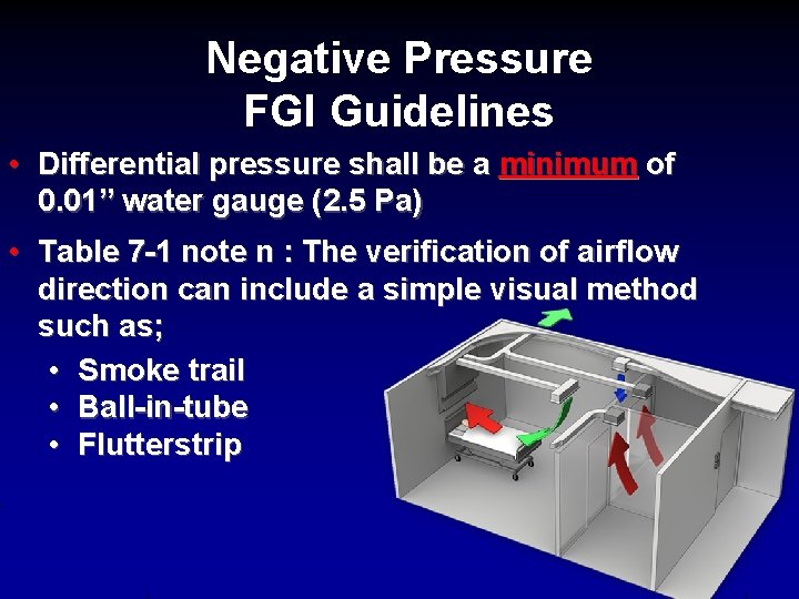 Negative Pressure FGI Guidelines • Differential pressure shall be a minimum of 0. 01”