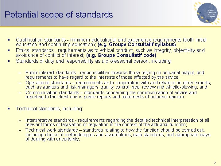 Potential scope of standards § § § Qualification standards - minimum educational and experience
