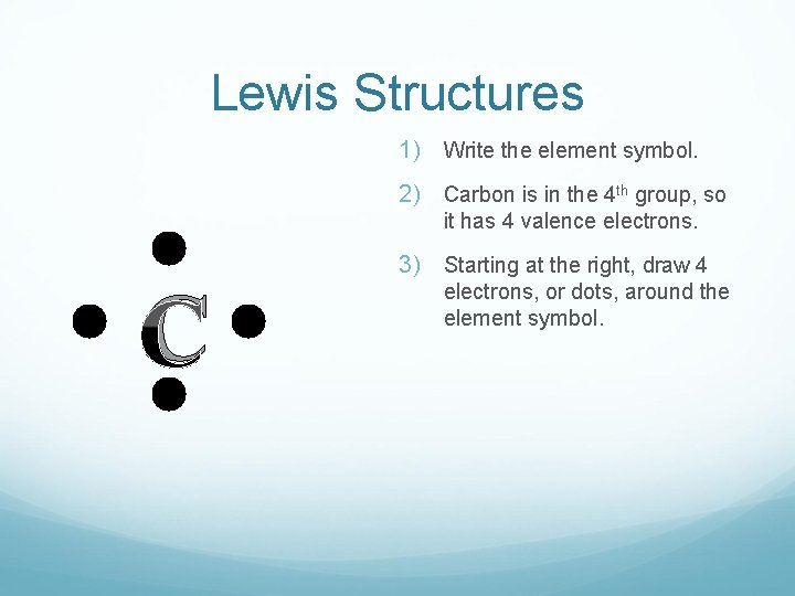 Lewis Structures 1) Write the element symbol. 2) Carbon is in the 4 th