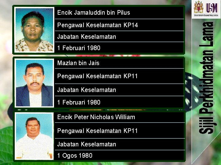 Encik Jamaluddin bin Pilus Pengawal Keselamatan KP 14 Jabatan Keselamatan 1 Februari 1980 Mazlan Encik Jamaluddin bin Pilus Pengawal Keselamatan KP 14 Jabatan Keselamatan 1 Februari 1980 Mazlan