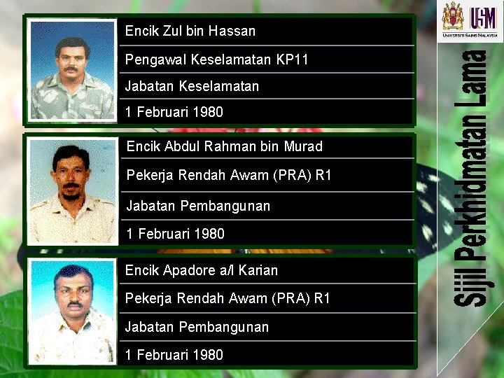 Encik Zul bin Hassan Pengawal Keselamatan KP 11 Jabatan Keselamatan 1 Februari 1980 Encik