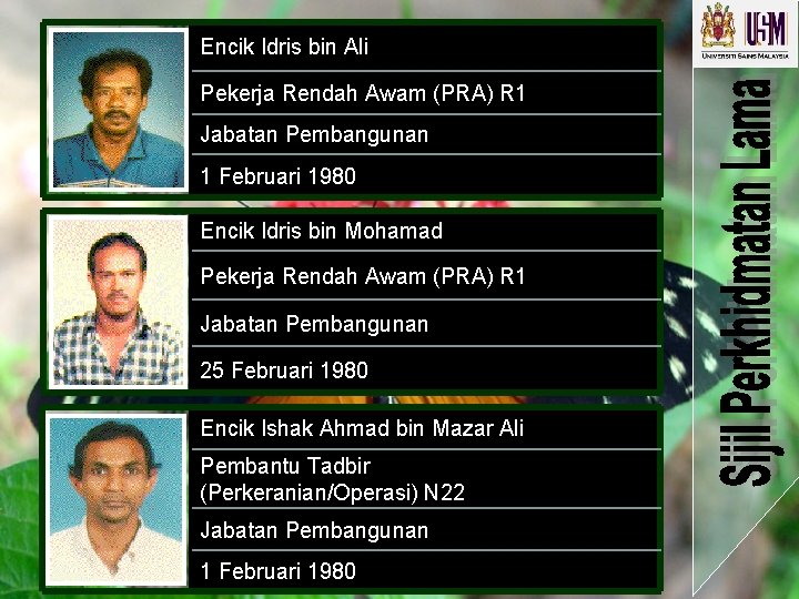Encik Idris bin Ali Pekerja Rendah Awam (PRA) R 1 Jabatan Pembangunan 1 Februari Encik Idris bin Ali Pekerja Rendah Awam (PRA) R 1 Jabatan Pembangunan 1 Februari