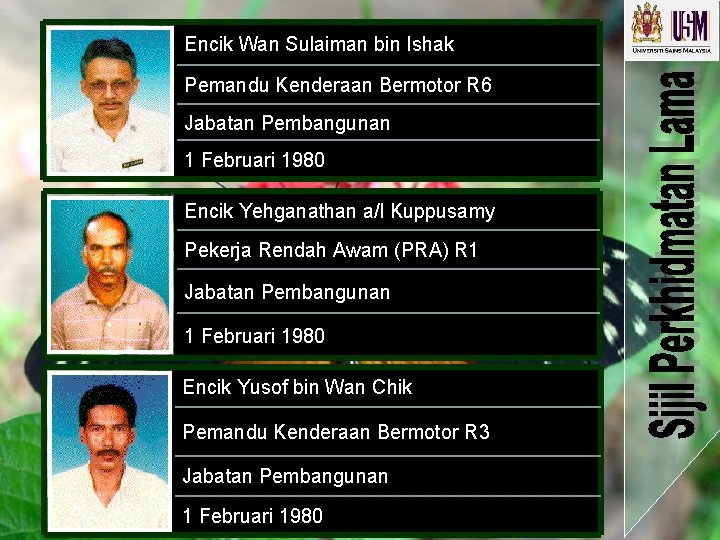 Encik Wan Sulaiman bin Ishak Pemandu Kenderaan Bermotor R 6 Jabatan Pembangunan 1 Februari Encik Wan Sulaiman bin Ishak Pemandu Kenderaan Bermotor R 6 Jabatan Pembangunan 1 Februari