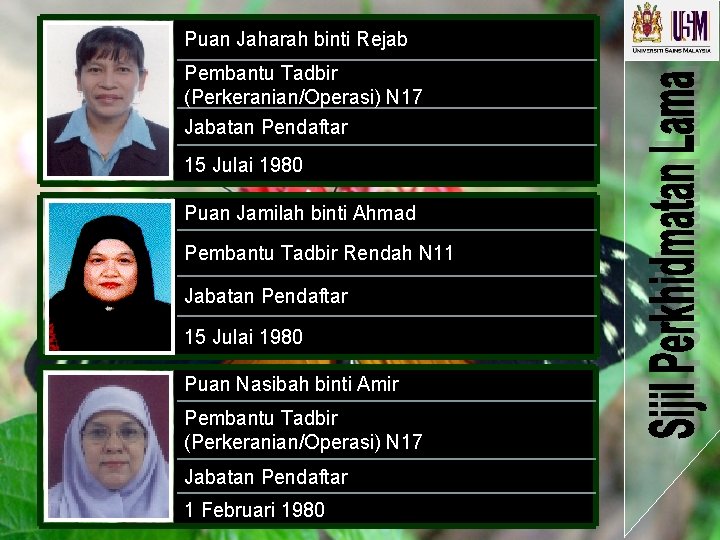 Puan Jaharah binti Rejab Pembantu Tadbir (Perkeranian/Operasi) N 17 Jabatan Pendaftar 15 Julai 1980 Puan Jaharah binti Rejab Pembantu Tadbir (Perkeranian/Operasi) N 17 Jabatan Pendaftar 15 Julai 1980