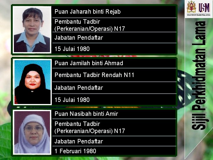 Puan Jaharah binti Rejab Pembantu Tadbir (Perkeranian/Operasi) N 17 Jabatan Pendaftar 15 Julai 1980