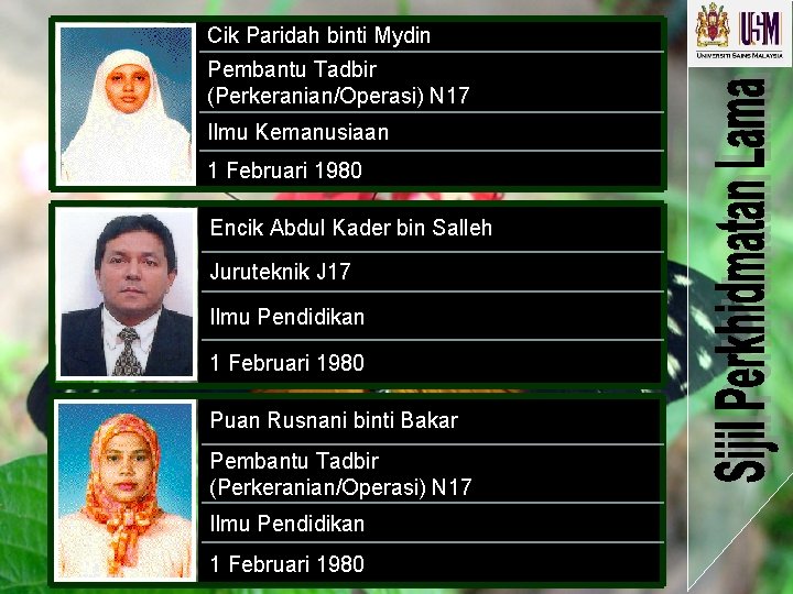 Cik Paridah binti Mydin Pembantu Tadbir (Perkeranian/Operasi) N 17 Ilmu Kemanusiaan 1 Februari 1980