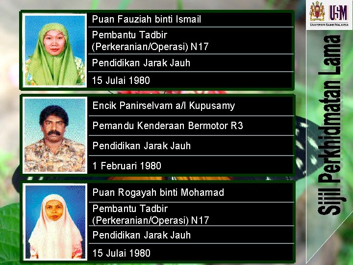 Puan Fauziah binti Ismail Pembantu Tadbir (Perkeranian/Operasi) N 17 Pendidikan Jarak Jauh 15 Julai Puan Fauziah binti Ismail Pembantu Tadbir (Perkeranian/Operasi) N 17 Pendidikan Jarak Jauh 15 Julai