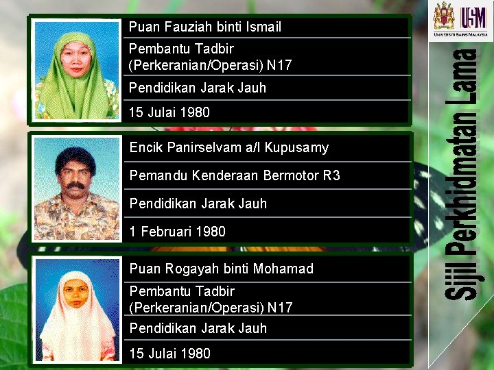 Puan Fauziah binti Ismail Pembantu Tadbir (Perkeranian/Operasi) N 17 Pendidikan Jarak Jauh 15 Julai