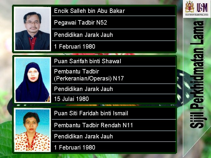 Encik Salleh bin Abu Bakar Pegawai Tadbir N 52 Pendidikan Jarak Jauh 1 Februari