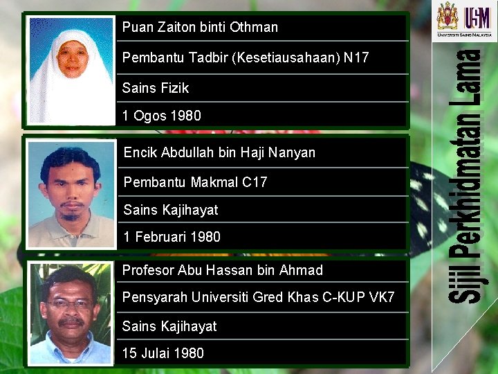 Puan Zaiton binti Othman Pembantu Tadbir (Kesetiausahaan) N 17 Sains Fizik 1 Ogos 1980 Puan Zaiton binti Othman Pembantu Tadbir (Kesetiausahaan) N 17 Sains Fizik 1 Ogos 1980