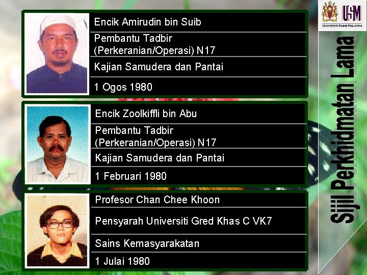 Encik Amirudin bin Suib Pembantu Tadbir (Perkeranian/Operasi) N 17 Kajian Samudera dan Pantai 1