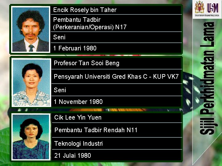 Encik Rosely bin Taher Pembantu Tadbir (Perkeranian/Operasi) N 17 Seni 1 Februari 1980 Profesor