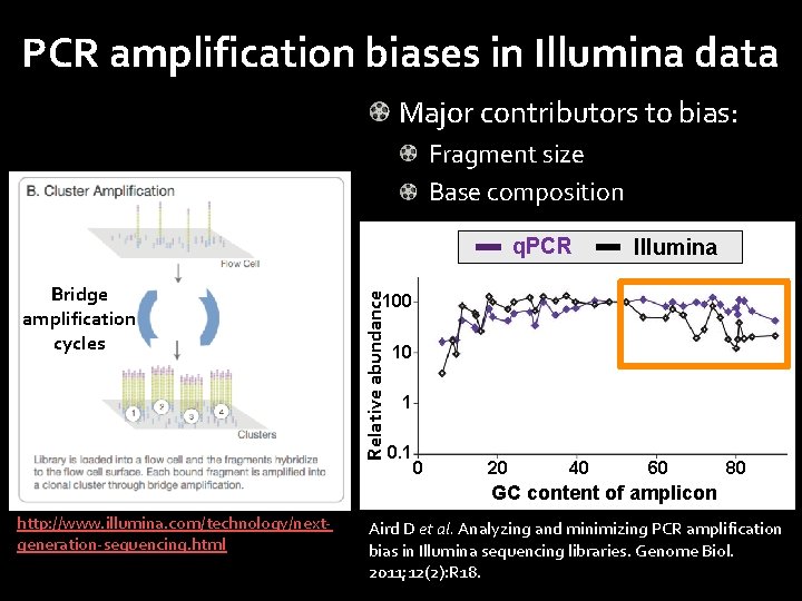 PCR amplification biases in Illumina data Major contributors to bias: Fragment size Base composition