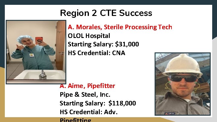 Region 2 CTE Success A. Morales, Sterile Processing Tech OLOL Hospital Starting Salary: $31,