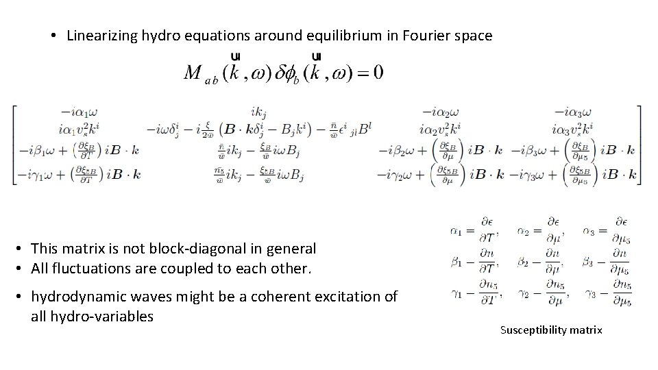  • Linearizing hydro equations around equilibrium in Fourier space • This matrix is