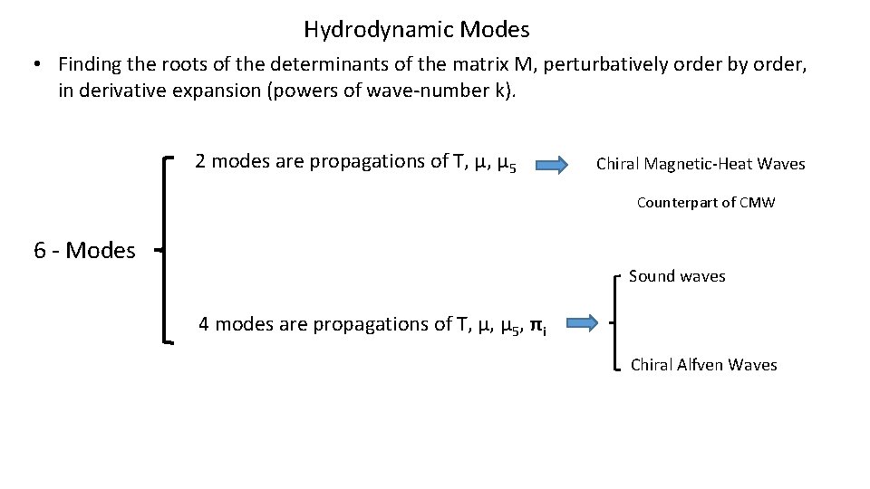 Hydrodynamic Modes • Finding the roots of the determinants of the matrix M, perturbatively