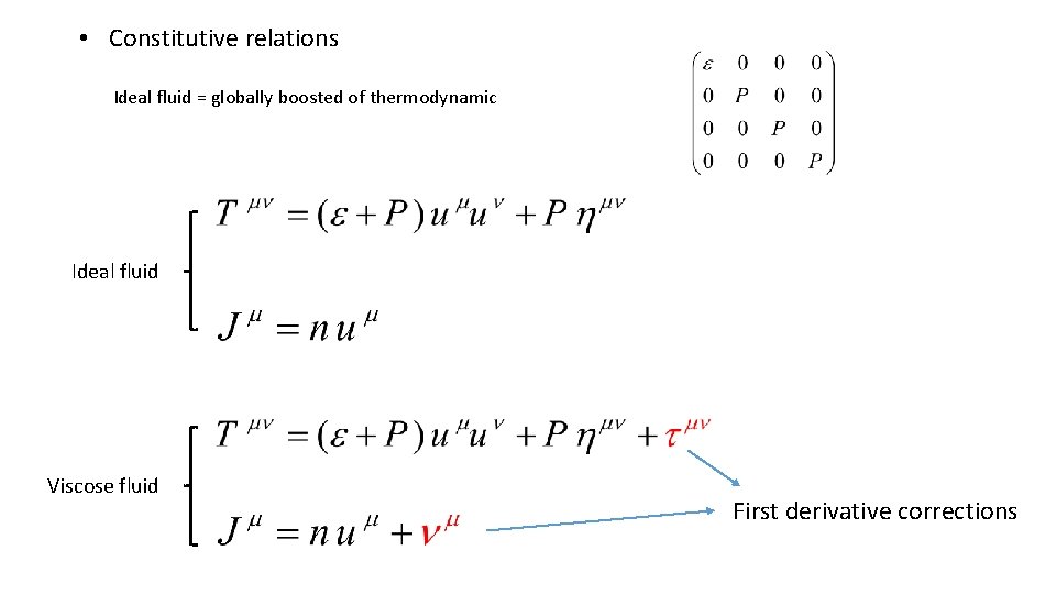  • Constitutive relations Ideal fluid = globally boosted of thermodynamic Ideal fluid Viscose