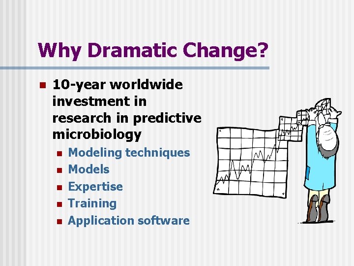 Why Dramatic Change? n 10 -year worldwide investment in research in predictive microbiology n