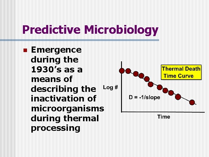 Predictive Microbiology n Emergence during the 1930’s as a means of describing the inactivation