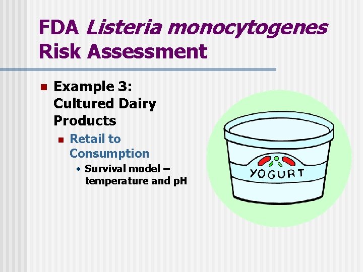 FDA Listeria monocytogenes Risk Assessment n Example 3: Cultured Dairy Products n Retail to FDA Listeria monocytogenes Risk Assessment n Example 3: Cultured Dairy Products n Retail to