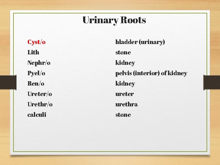 Urinary Roots Cyst/o bladder (urinary) Lith stone Nephr/o kidney Pyel/o pelvis (interior) of kidney