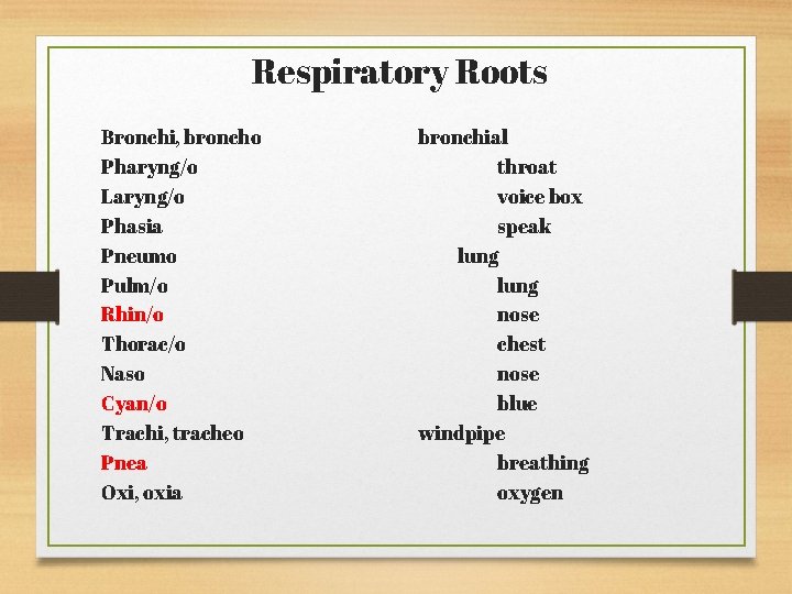 Respiratory Roots Bronchi, broncho Pharyng/o Laryng/o Phasia Pneumo Pulm/o Rhin/o Thorac/o Naso Cyan/o Trachi,