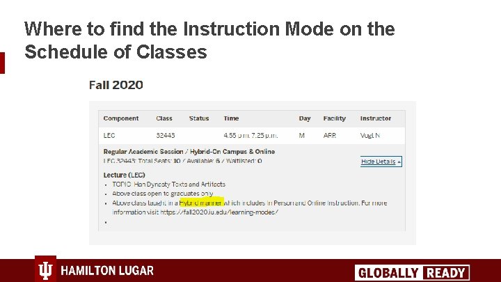 Where to find the Instruction Mode on the Schedule of Classes 