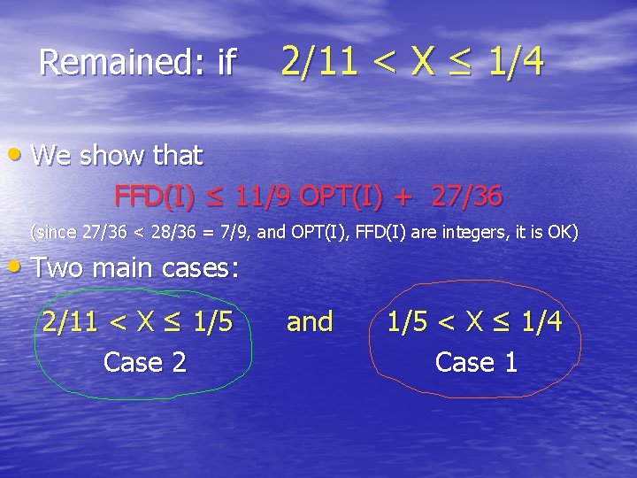 Remained: if 2/11 < X ≤ 1/4 • We show that FFD(I) ≤ 11/9