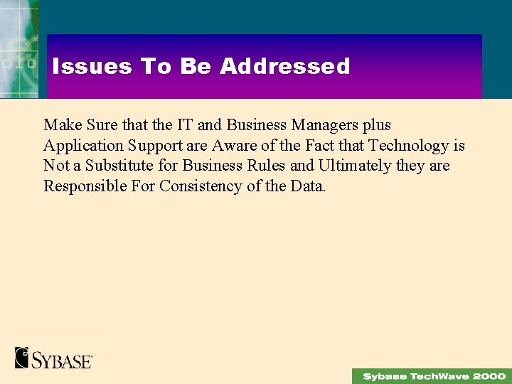 Issues To Be Addressed Make Sure that the IT and Business Managers plus Application