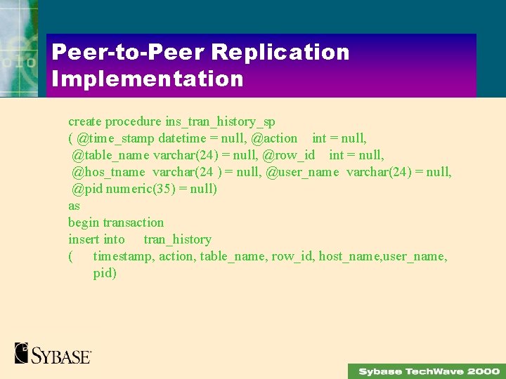 Peer-to-Peer Replication Implementation create procedure ins_tran_history_sp ( @time_stamp datetime = null, @action int =