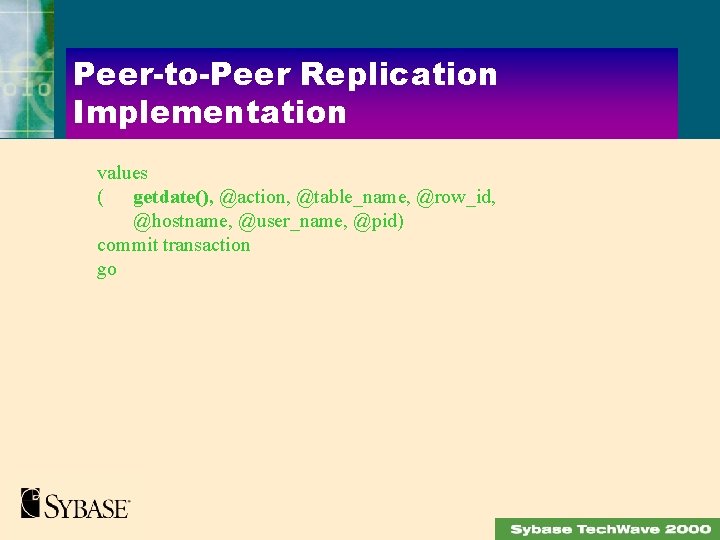 Peer-to-Peer Replication Implementation values ( getdate(), @action, @table_name, @row_id, @hostname, @user_name, @pid) commit transaction