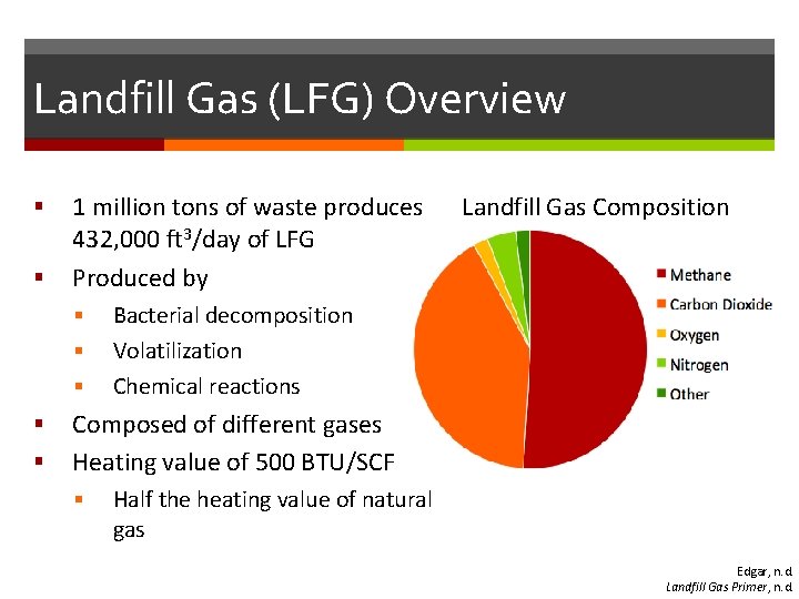 Landfill Gas (LFG) Overview § § 1 million tons of waste produces 432, 000