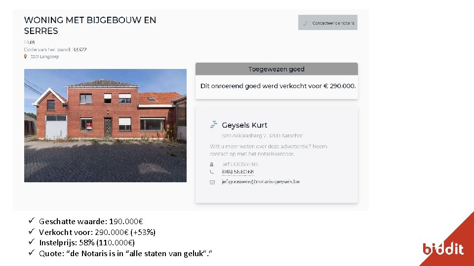ü ü Geschatte waarde: 190. 000€ Verkocht voor: 290. 000€ (+53%) Instelprijs: 58% (110.