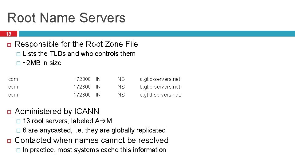 Root Name Servers 13 Responsible for the Root Zone File Lists the TLDs and