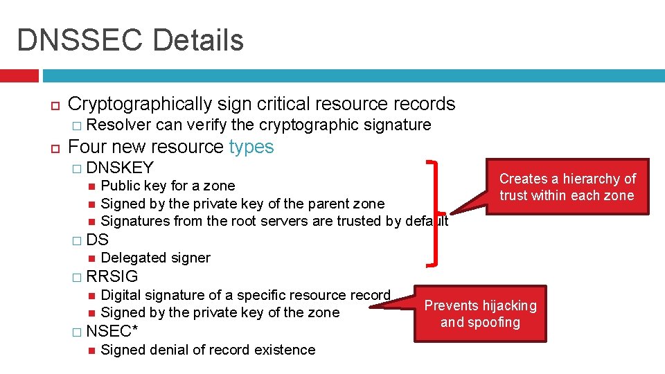 DNSSEC Details Cryptographically sign critical resource records � Resolver can verify the cryptographic signature