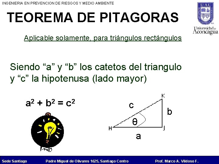 INGENIERIA EN PREVENCION DE RIESGOS Y MEDIO AMBIENTE TEOREMA DE PITAGORAS Aplicable solamente, para