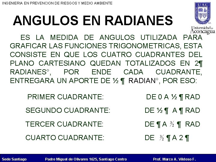 INGENIERIA EN PREVENCION DE RIESGOS Y MEDIO AMBIENTE ANGULOS EN RADIANES ES LA MEDIDA