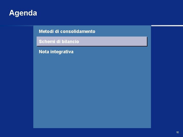 Agenda Metodi di consolidamento Schemi di bilancio Nota integrativa 10 