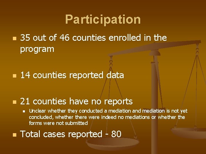 Participation n 35 out of 46 counties enrolled in the program n 14 counties