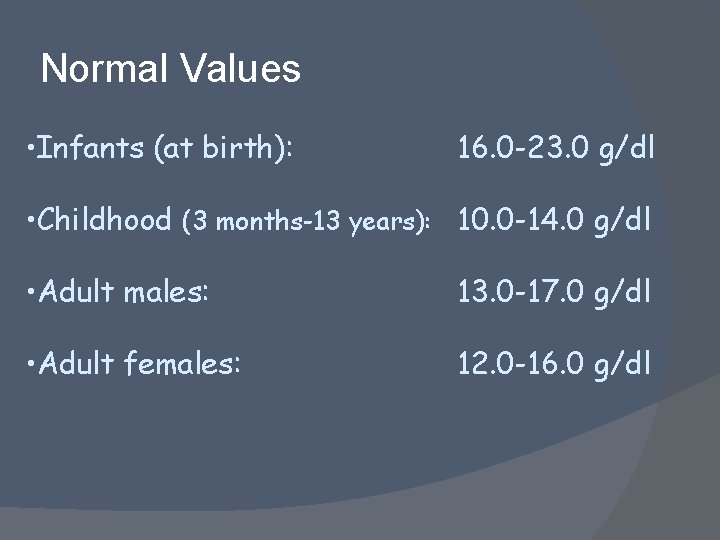 Normal Values • Infants (at birth): 16. 0 -23. 0 g/dl • Childhood (3