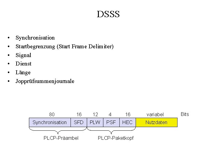 DSSS • • • Synchronisation Startbegrenzung (Start Frame Delimiter) Signal Dienst Länge Jopprüfsummenjournale 80