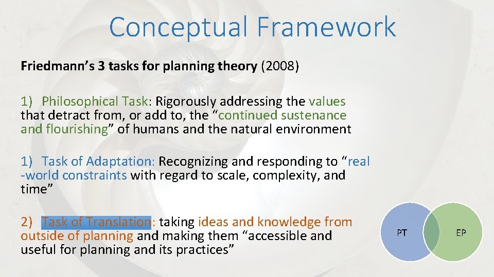 Conceptual Framework Friedmann’s 3 tasks for planning theory (2008) 1) Philosophical Task: Rigorously addressing