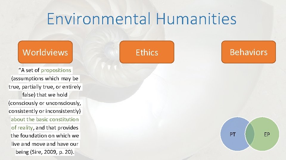 Environmental Humanities Worldviews “A set of propositions (assumptions which may be true, partially true,