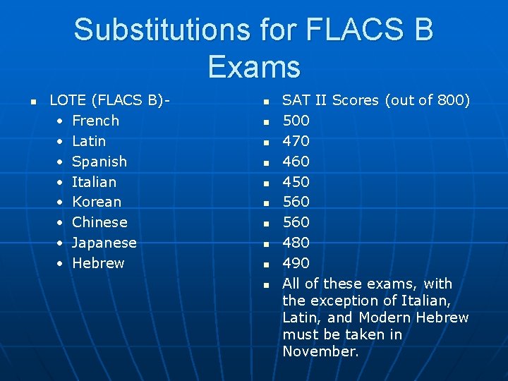 Substitutions for FLACS B Exams n LOTE (FLACS B) • French • Latin •