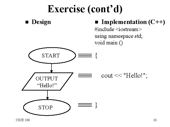 Exercise (cont’d) n Design n Implementation (C++) #include <iostream> using namespace std; void main