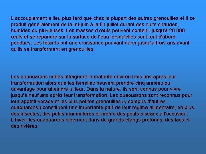 L'accouplement a lieu plus tard que chez la plupart des autres grenouilles et il